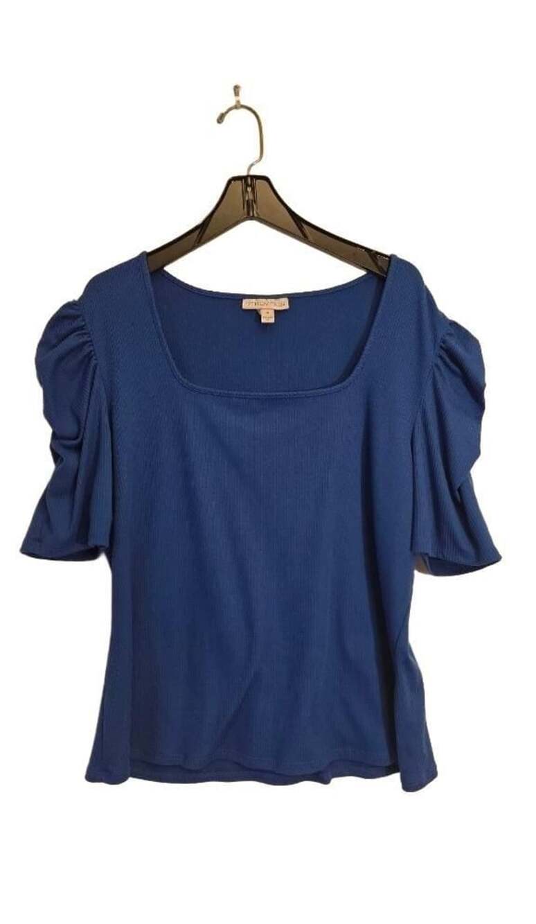 12 Thompson Top Size 2X Blue Ribbed Puff Sleeve Square Neck